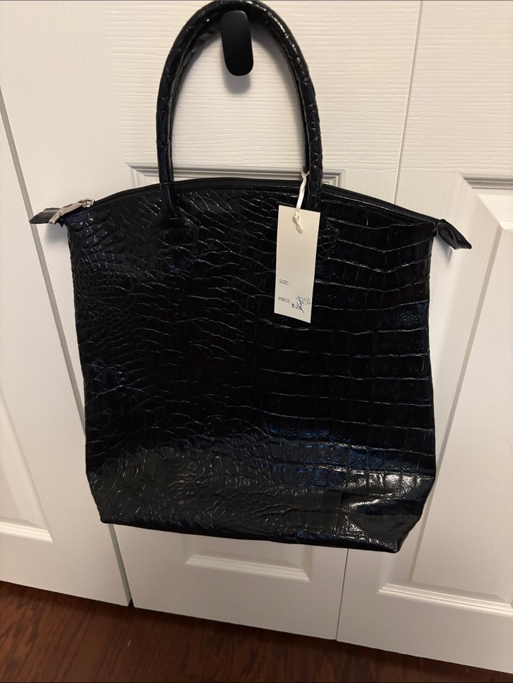 Croc-Embossed Structured Tote Bag in Black